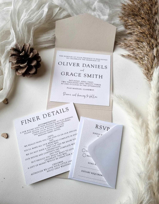 Sophisticated pocketfold wedding invitation set featuring a main invite, a guest information card, and an RSVP card. Elegant design for a memorable and personalised touch to your special day.