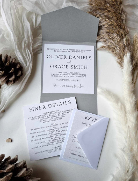 Sophisticated pocketfold wedding invitation set featuring a main invite, a guest information card, and an RSVP card. Elegant design for a memorable and personalised touch to your special day.